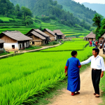 Rural Tourism Development**

"A picturesque village scene showcasing rural tourism, with fully clothed tourists interacting with local villagers. The background features traditional houses and lush green fields. Villagers are engaged in activities like guiding tours and selling local crafts. Safe for work, appropriate content, family-friendly, professional photography, perfect anatomy, natural proportions, modest clothing, well-formed hands, proper finger count, natural body proportions."

**