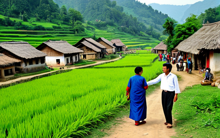 Rural Tourism Development**
"A picturesque village scene showcasing rural tourism, with fully clothed tourists interacting with local villagers. The background features traditional houses and lush green fields. Villagers are engaged in activities like guiding tours and selling local crafts. Safe for work, appropriate content, family-friendly, professional photography, perfect anatomy, natural proportions, modest clothing, well-formed hands, proper finger count, natural body proportions."
**