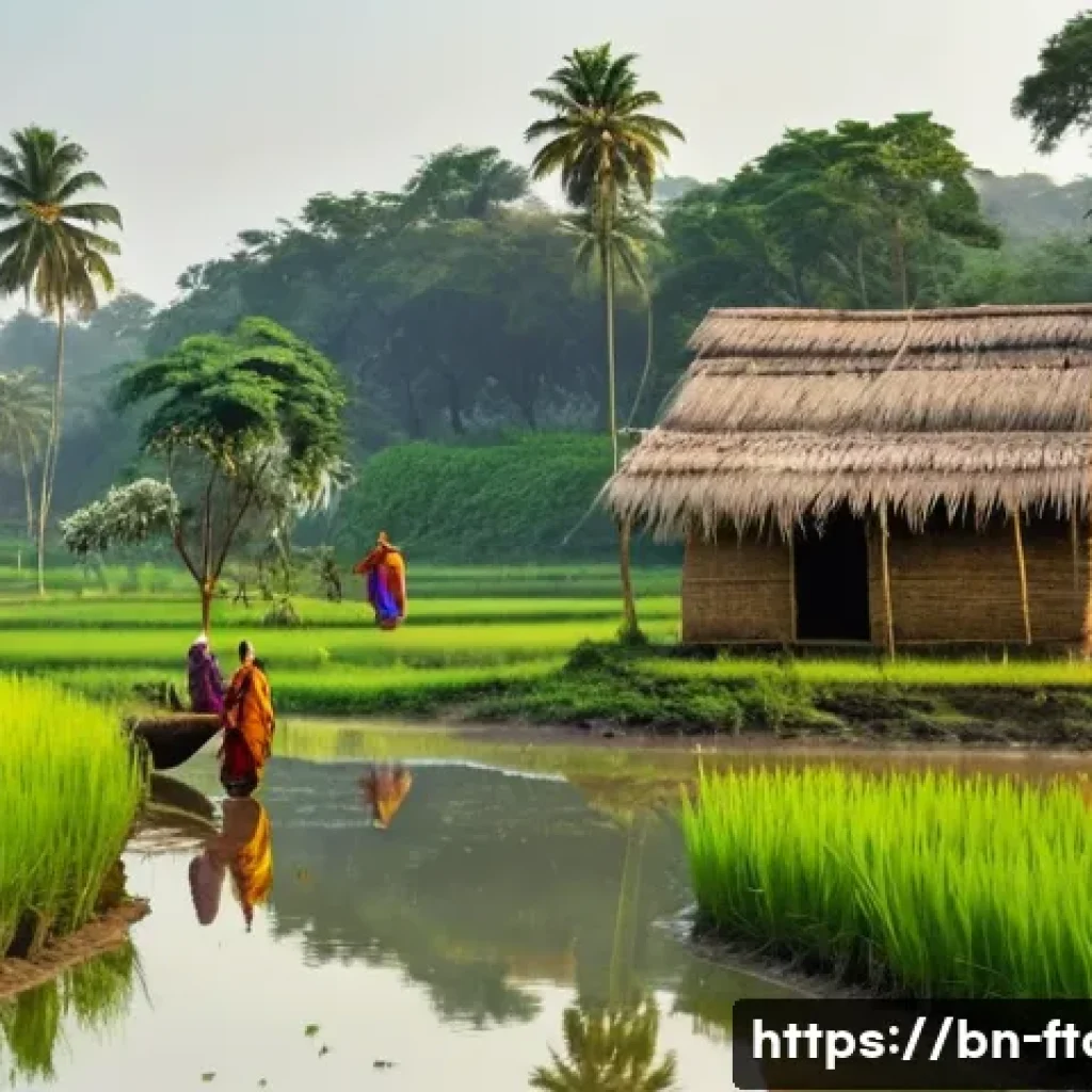 농촌관광지도사 실무 일기 - **Prompt:** A picturesque early morning scene in a vibrant Bengali village. Soft, golden sunlight br...