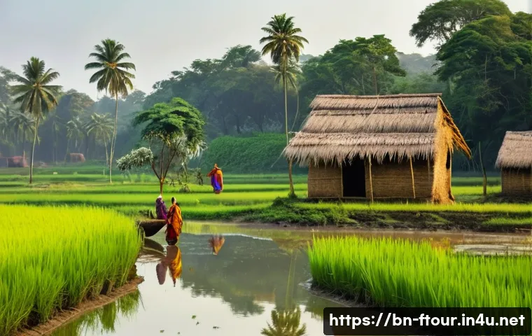 농촌관광지도사 실무 일기 - **Prompt:** A picturesque early morning scene in a vibrant Bengali village. Soft, golden sunlight br...