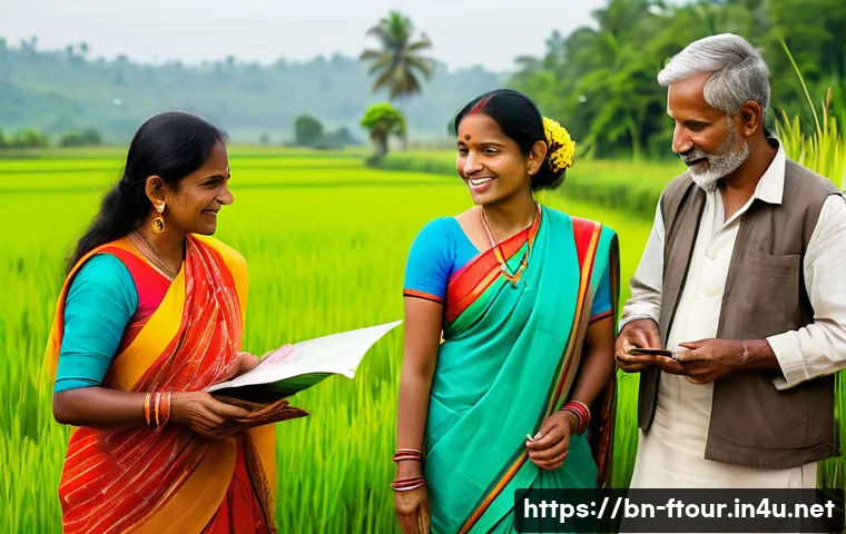농촌관광지도사 자격증 필요성 - A skilled rural tour guide warmly interacting with diverse tourists in a vibrant Bengali village set...