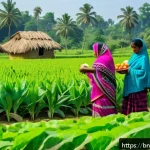 농촌관광지도사 전문성 강화 방법 - A vibrant agricultural tourism farm scene in rural Bangladesh featuring a diverse group of visitors ...