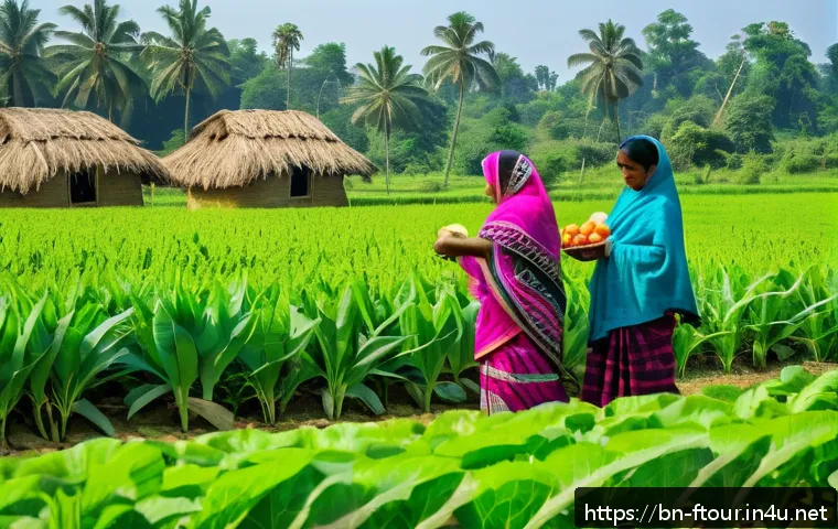 농촌관광지도사 전문성 강화 방법 - A vibrant agricultural tourism farm scene in rural Bangladesh featuring a diverse group of visitors ...