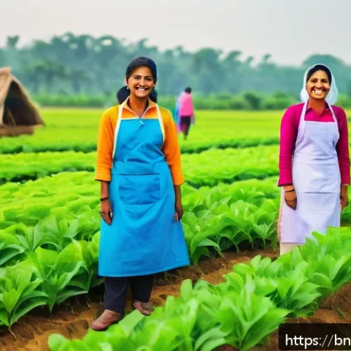 농촌관광지도사 직업 만족도 - A vibrant agricultural tourism center scene featuring enthusiastic Bengali workers dressed in modest...