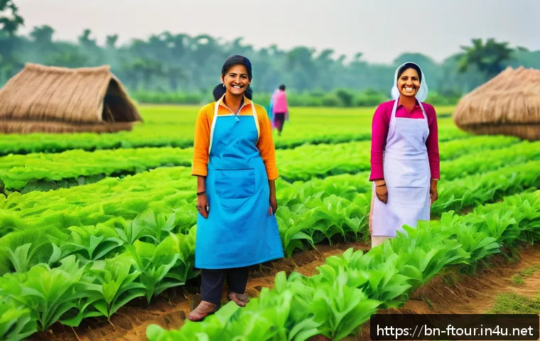 농촌관광지도사 직업 만족도 - A vibrant agricultural tourism center scene featuring enthusiastic Bengali workers dressed in modest...