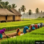 농촌관광지도사 전문 교육 프로그램 - A vibrant rural farming scene in Bangladesh during the harvest season, featuring a diverse group of ...