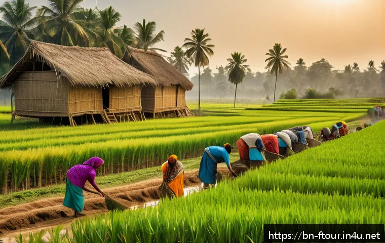 농촌관광지도사 전문 교육 프로그램 - A vibrant rural farming scene in Bangladesh during the harvest season, featuring a diverse group of ...