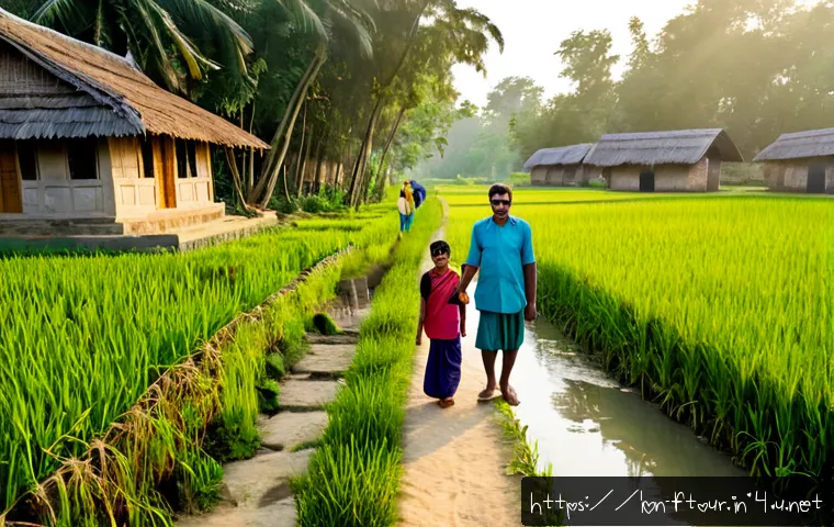 농촌관광지도사와 농촌개발 - Photorealistic rural tourism guide warmly welcoming a multigenerational Bengali family beside a peac...